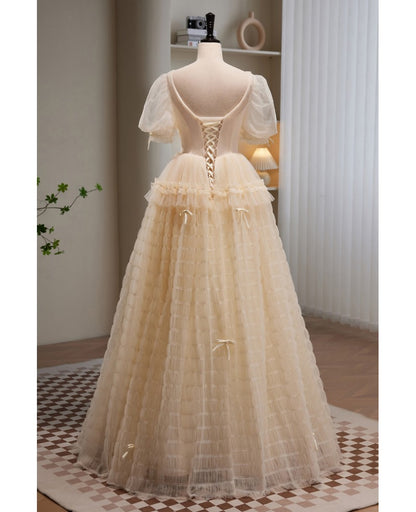 Beautiful champagne layered V-neck short sleeved ruffled evening dress, champagne princess pearl backless and floor length evening dress