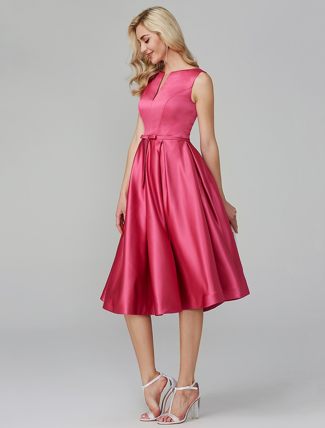A-Line Elegant Dress Valentine's Day Wedding Guest Knee Length Sleeveless V Wire Pink Dress Satin with Sash / Ribbon