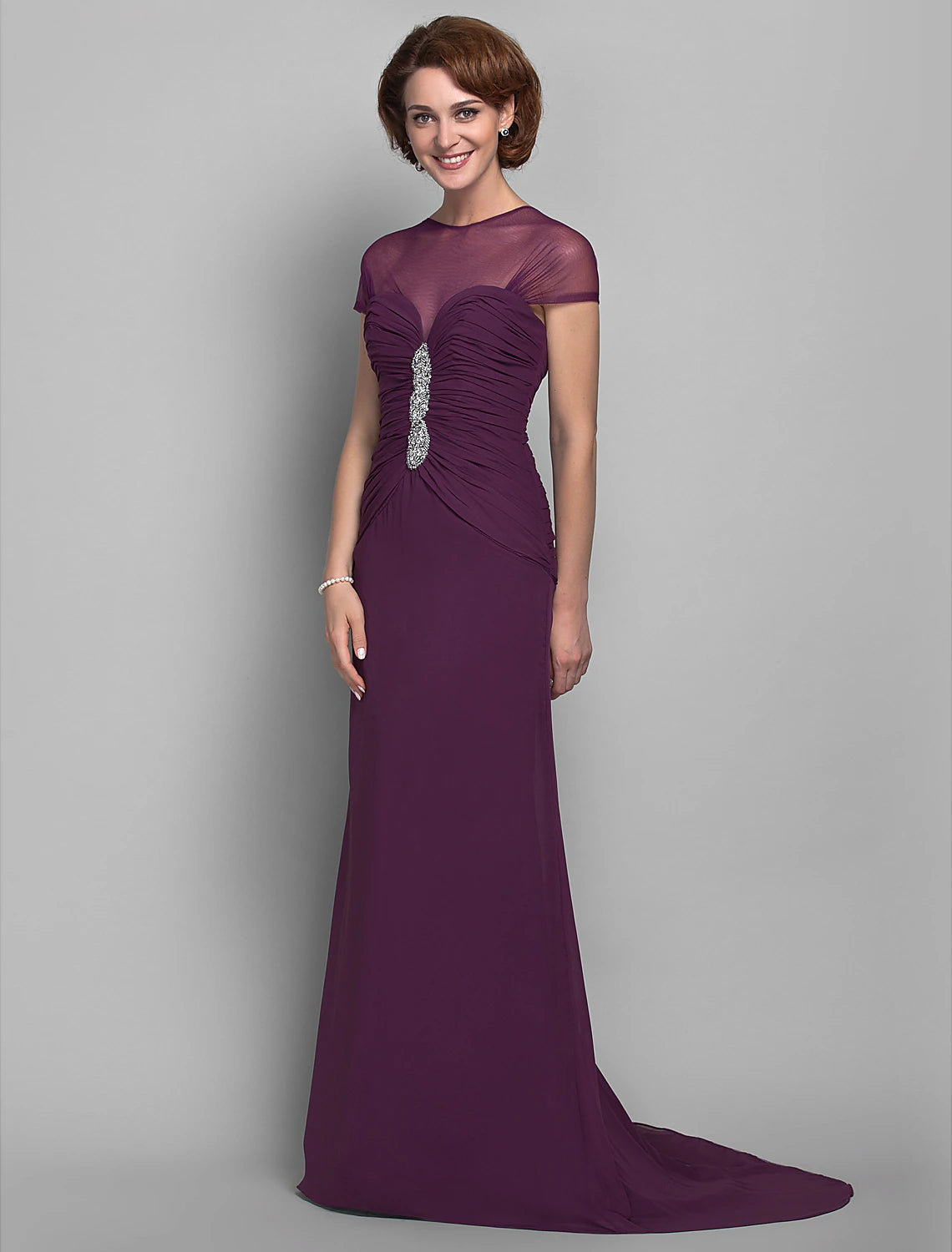 Sheath / Column Mother of the Bride Dress See Through Jewel Neck Sweep / Brush Train Chiffon Tulle Short Sleeve with Beading Side Draping