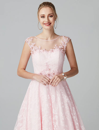 A-Line Prom Dresses Floral Dress Evening Party Ankle Length Short Sleeve Illusion Neck Lace Zipper with Appliques