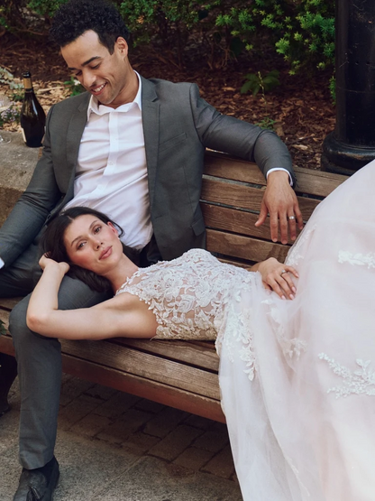 romantic a-line halter lace illusion back chapel train wedding dress