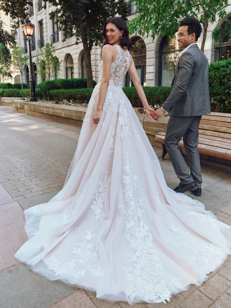 romantic a-line halter lace illusion back chapel train wedding dress
