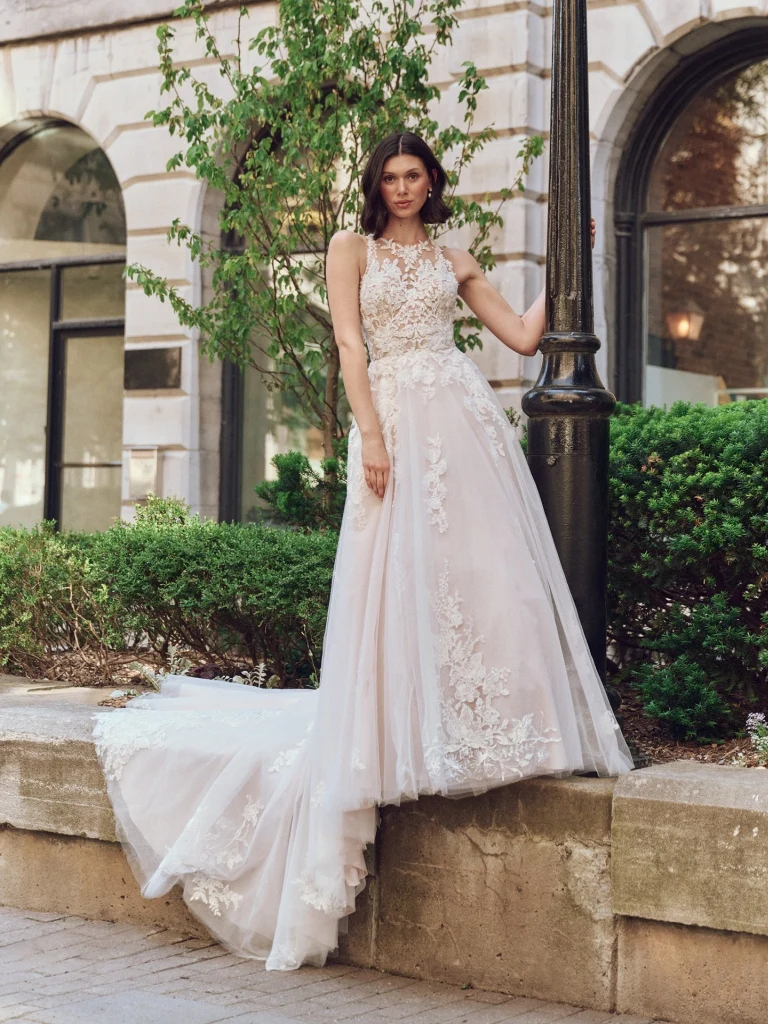 romantic a-line halter lace illusion back chapel train wedding dress