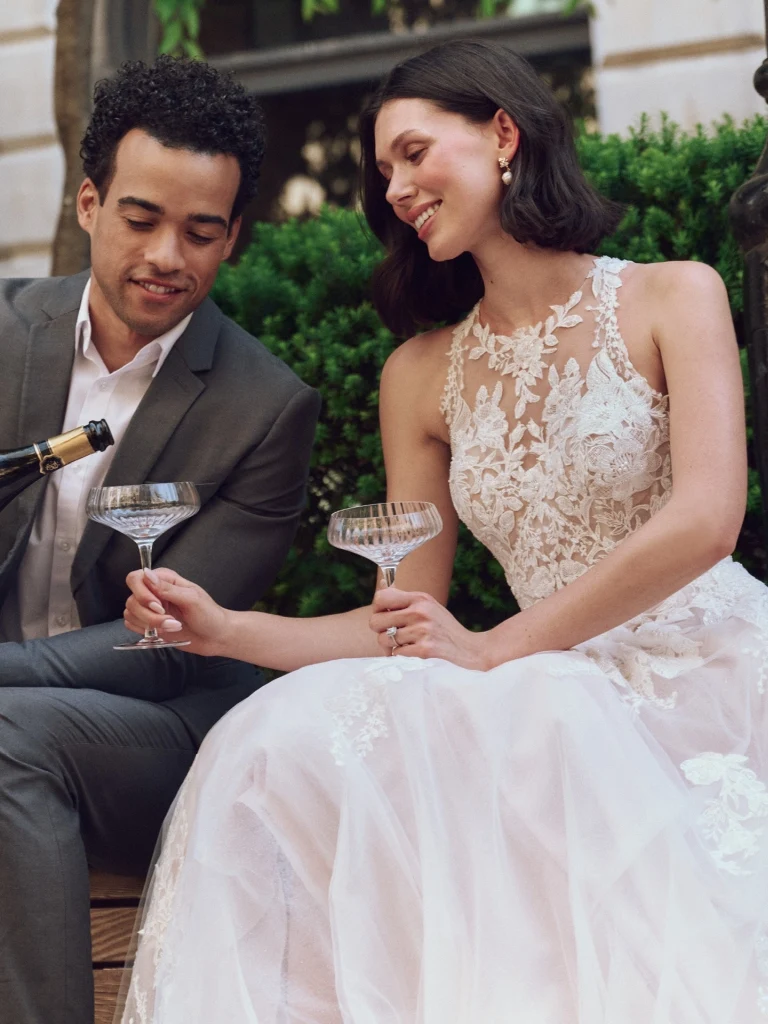 romantic a-line halter lace illusion back chapel train wedding dress