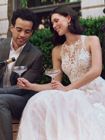 romantic a-line halter lace illusion back chapel train wedding dress