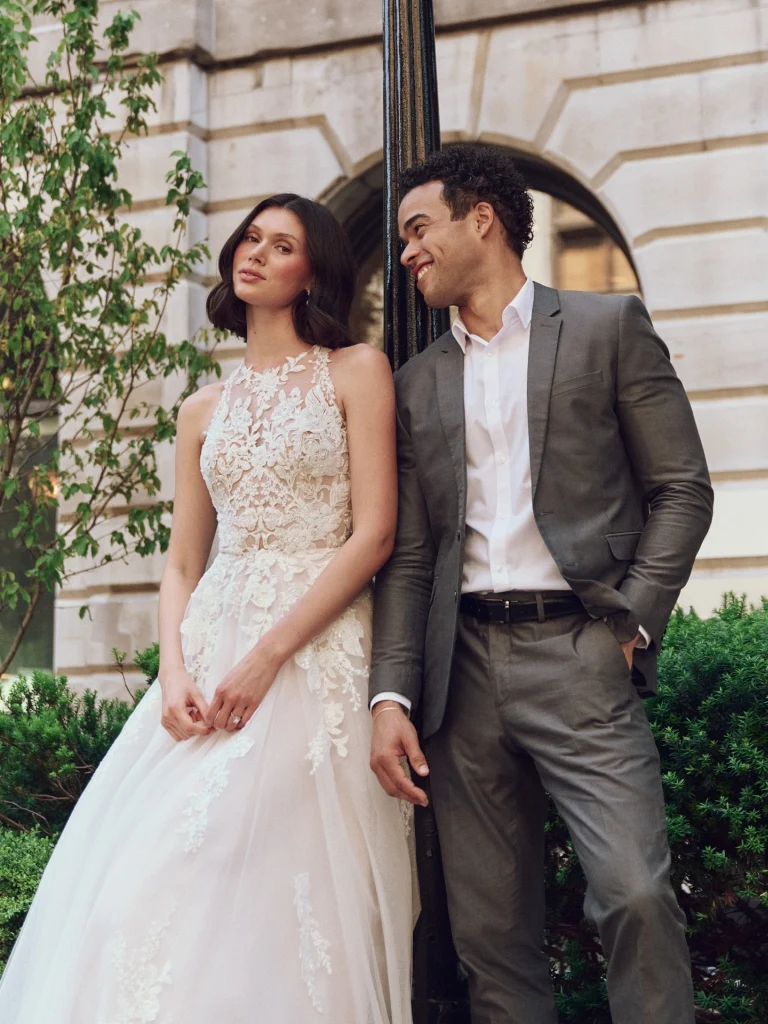 romantic a-line halter lace illusion back chapel train wedding dress