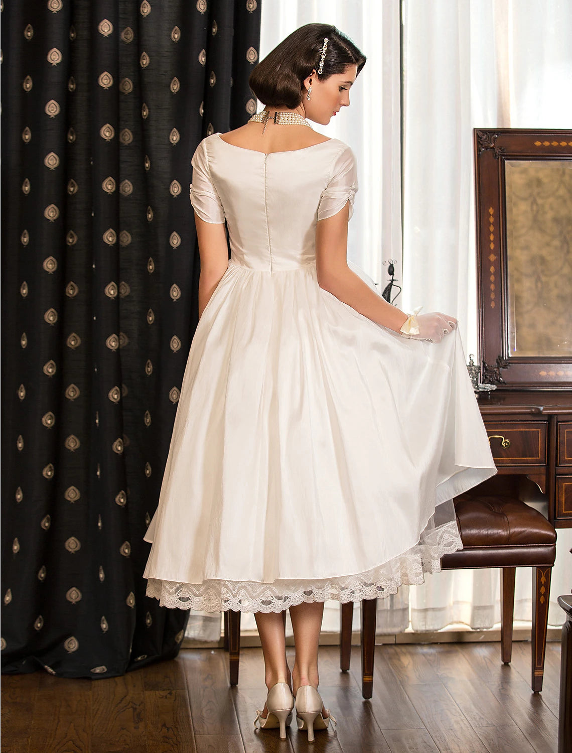 Reception Wedding Dresses Vintage 1940s / 1950s Little White Dresses A-Line V Neck Short Sleeve Tea Length Satin Bridal Gowns With Lace Criss Cross Summer Fall Wedding Party  Women's Clothing