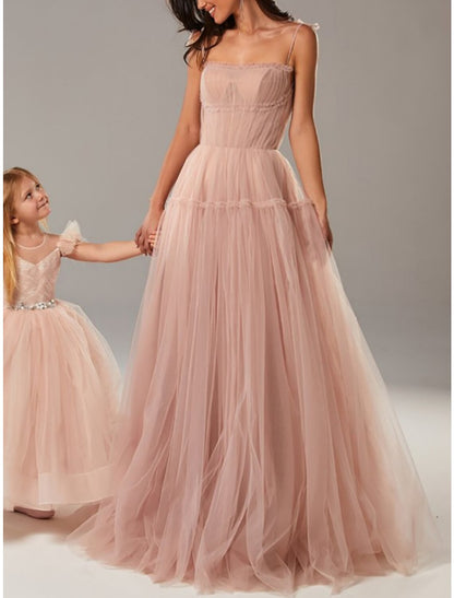 A-Line Evening Gown Elegant Dress Formal Floor Length Sleeveless Spaghetti Strap Tulle with Bow(s) Pleats