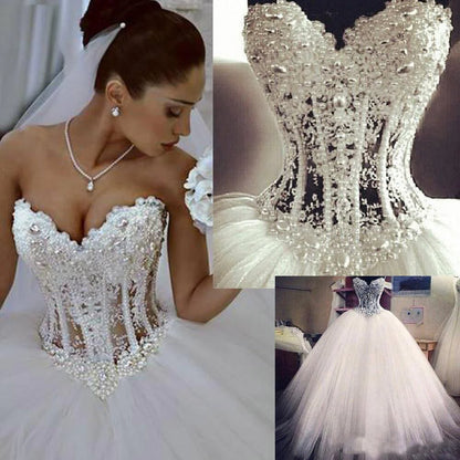 Ball Gown Lace Pearl Beads Unique Arabic Sweetheart White Tulle Princess Wedding Dress