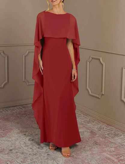 Sheath / Column Mother of the Bride Dress Formal Wedding Guest Elegant Simple Jewel Neck Floor Length Chiffon Sleeveless with Side Draping Solid Color