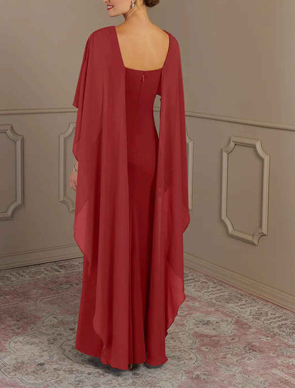 Sheath / Column Mother of the Bride Dress Formal Wedding Guest Elegant Simple Jewel Neck Floor Length Chiffon Sleeveless with Side Draping Solid Color