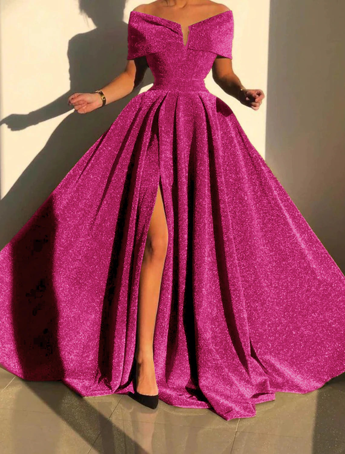 A-Line Evening Gown Sparkle & Shine Dress Formal Fall Court Train Sleeveless Off Shoulder Sequined with Sequin Slit