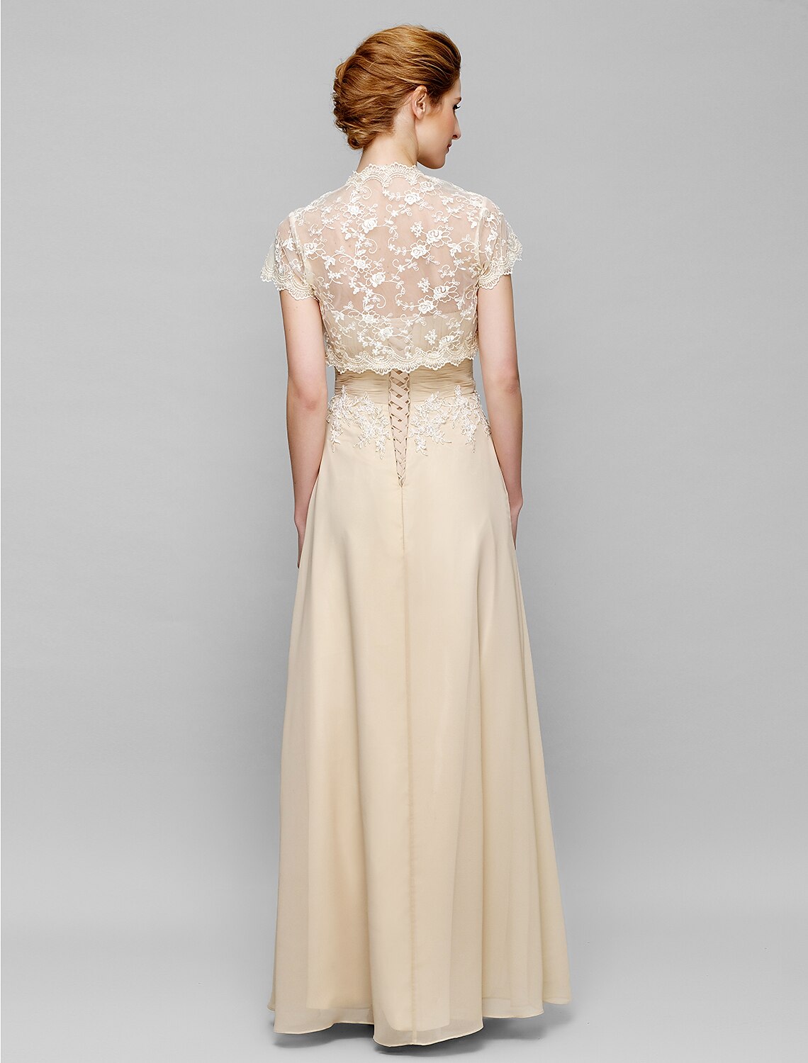 Sheath / Column Mother of the Bride Dress Lace Up Strapless Ankle Length Chiffon Lace Short Sleeve No with Lace Ruched Draping