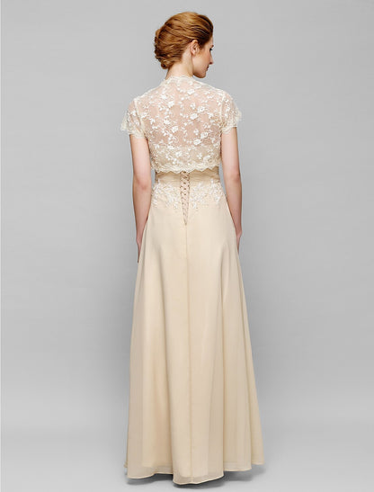 Sheath / Column Mother of the Bride Dress Lace Up Strapless Ankle Length Chiffon Lace Short Sleeve No with Lace Ruched Draping