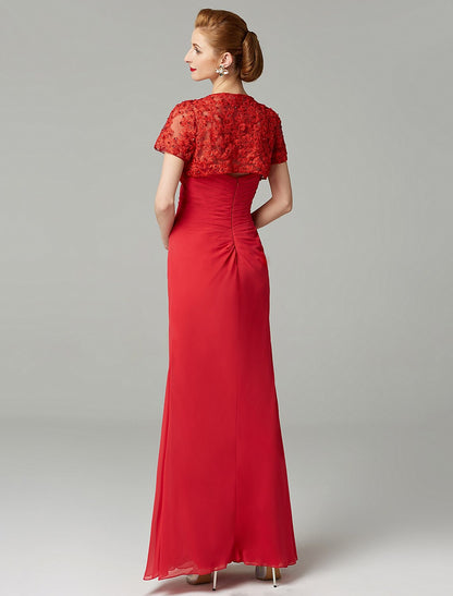 Sheath / Column Mother of the Bride Dress Strapless Floor Length Chiffon Beaded Lace Sleeveless yes with Pleats Beading Split Front