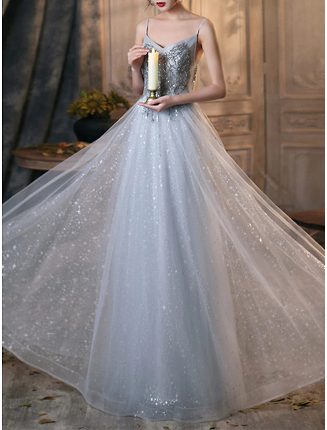 A-Line Prom Dresses Elegant Dress Wedding Guest Prom Floor Length Sleeveless Spaghetti Strap Tulle with Pleats Beading