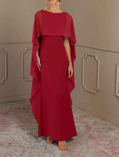 Sheath / Column Mother of the Bride Dress Formal Wedding Guest Elegant Simple Jewel Neck Floor Length Chiffon Sleeveless with Side Draping Solid Color