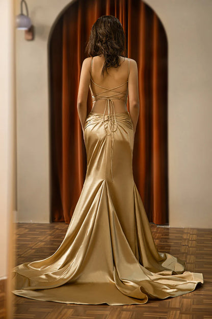 Fitted slim shoulder strap satin backless and floor length Prom dress