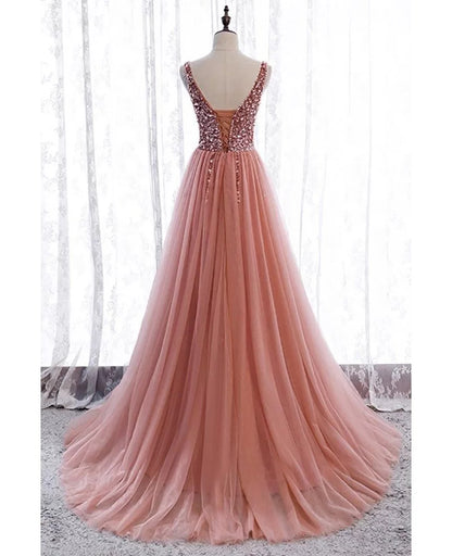 High end pink deep V-neck sleeveless beaded sequin ball dress with pink A-line/princess slit front to ground/long ruffled edge backless evening dress