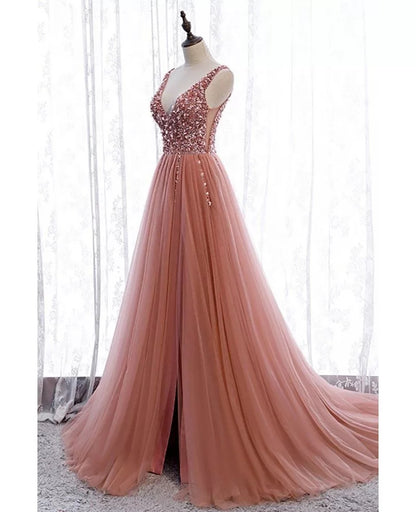 High end pink deep V-neck sleeveless beaded sequin ball dress with pink A-line/princess slit front to ground/long ruffled edge backless evening dress