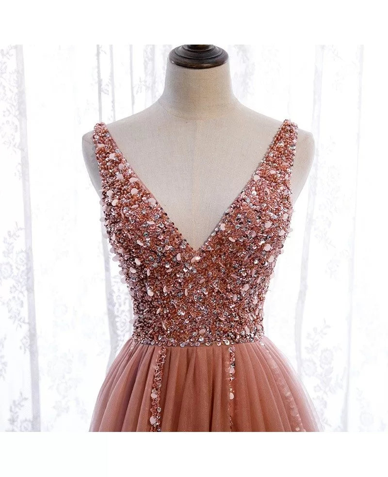 High end pink deep V-neck sleeveless beaded sequin ball dress with pink A-line/princess slit front to ground/long ruffled edge backless evening dress
