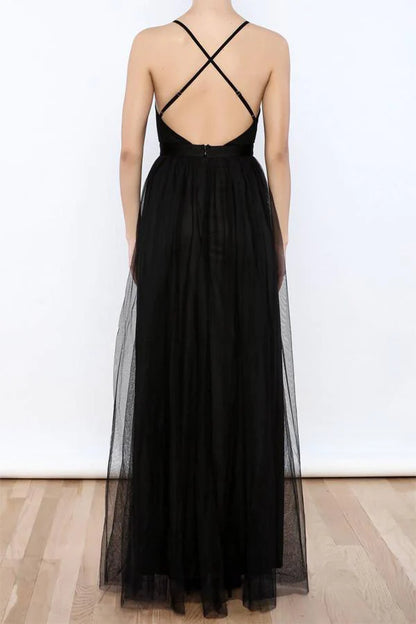 Mature black V-neck side slit sheer thin shoulder strap backless evening dress
