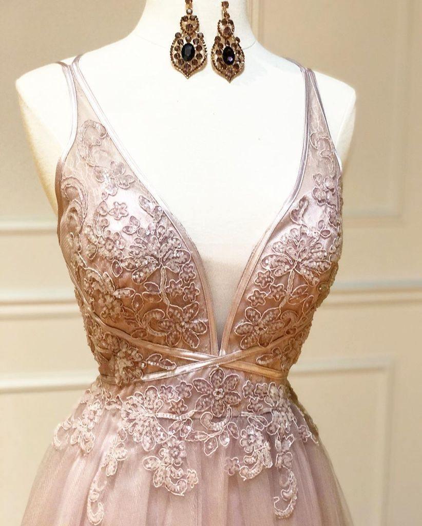 Mature deep V-neck sticker A-line sheer pink thin shoulder strap backless long ball dress