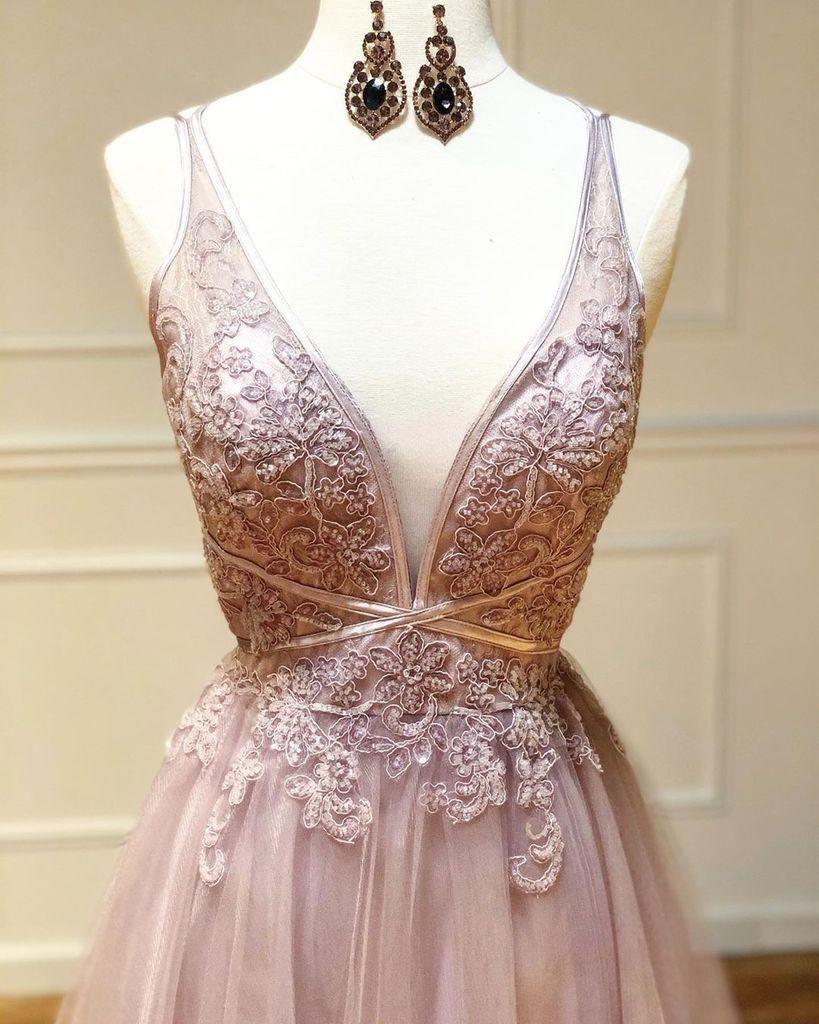 Mature deep V-neck sticker A-line sheer pink thin shoulder strap backless long ball dress