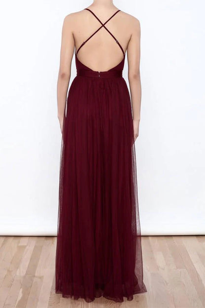 Sexy Deep V Neck Tulle High Slit Burgundy Prom Dresses Evening Dresses
