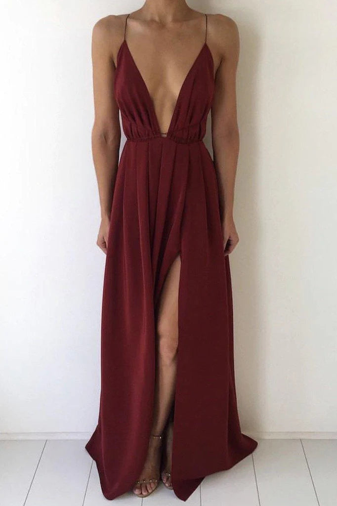Sexy V-neck Spaghetti Strap Prom Dress With Front Split