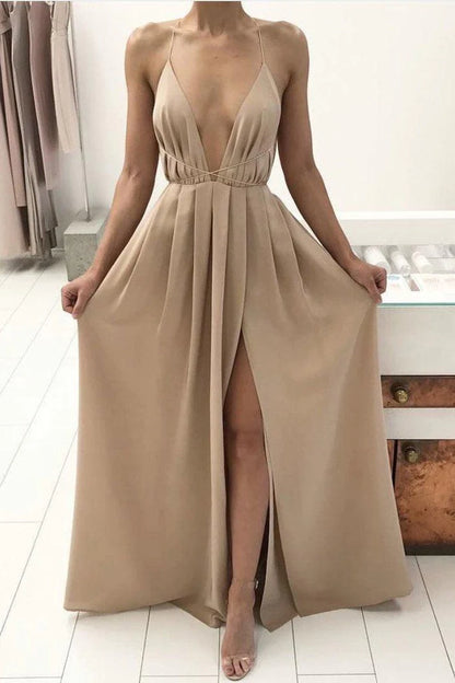 Sexy V-neck Spaghetti Strap Prom Dress With Front Split