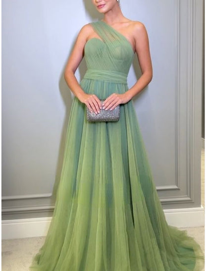 A-Line Evening Gown Elegant Dress Formal Sweep / Brush Train Christmas Red Green Dress Sleeveless One Shoulder Tulle with Pleats Ruched