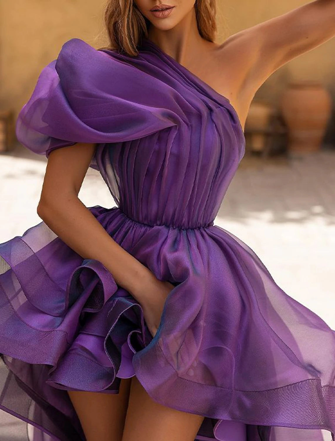 A-Line Evening Gown Wedding Prom Dress Red Green Dress High Low Formal Dress Purple Sleeveless One Shoulder Organza with Ruffles Pure Color