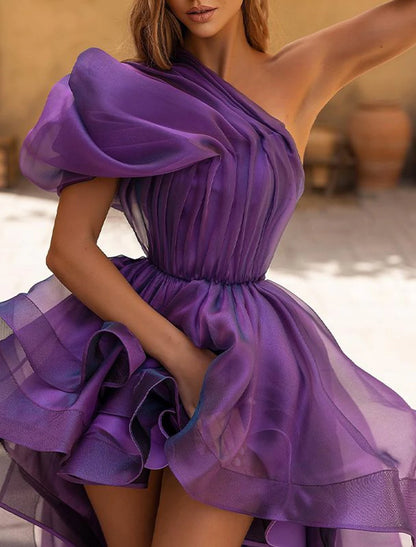 A-Line Evening Gown Wedding Prom Dress Red Green Dress High Low Formal Dress Purple Sleeveless One Shoulder Organza with Ruffles Pure Color