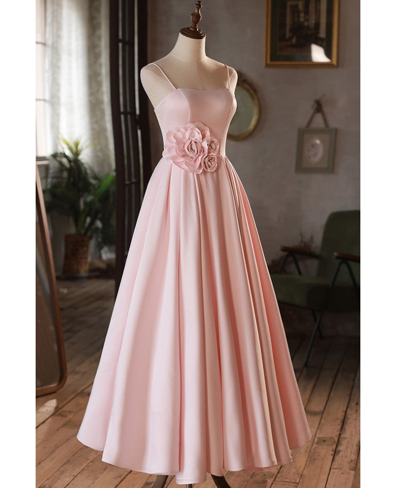 Elegant and minimalist red pink sticker sleeveless off shoulder ball dress with red pink A-line princess thin shoulder strap and backless strap, ground length bridesmaid dress