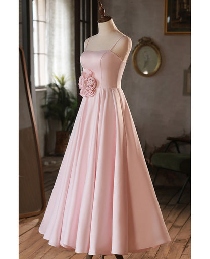 Elegant and minimalist red pink sticker sleeveless off shoulder ball dress with red pink A-line princess thin shoulder strap and backless strap, ground length bridesmaid dress