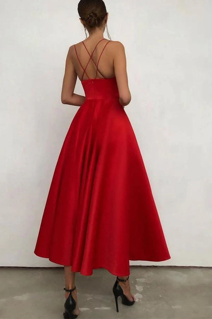 Simple V Neck Satin Burgundy Tea Length Evening Dresses