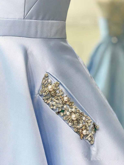 Simple V Neck Sky Blue Satin Long Prom Dresses with Pocket