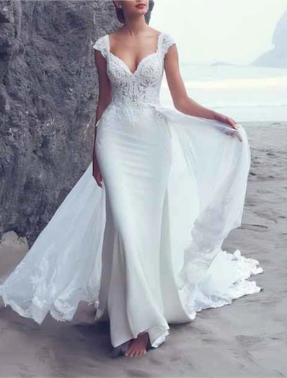 Beach Boho Wedding Dresses Mermaid / Trumpet V Neck Cap Sleeve Court Train Chiffon OverSkirts Bridal Gowns With Embroidery Appliques