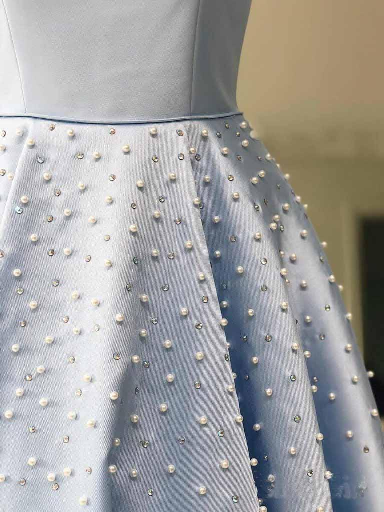 Sky Blue Simple Satin Long Prom Dresses Pearl Skirt Prom Dress with Pocket