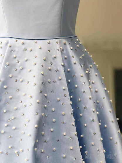 Sky Blue Simple Satin Long Prom Dresses Pearl Skirt Prom Dress with Pocket