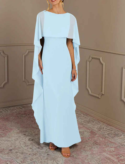 Sheath / Column Mother of the Bride Dress Formal Wedding Guest Elegant Simple Jewel Neck Floor Length Chiffon Sleeveless with Side Draping Solid Color