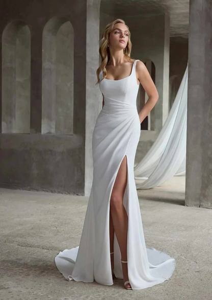 sleek mermaid square neck crepe slit button back sweep train wedding dress