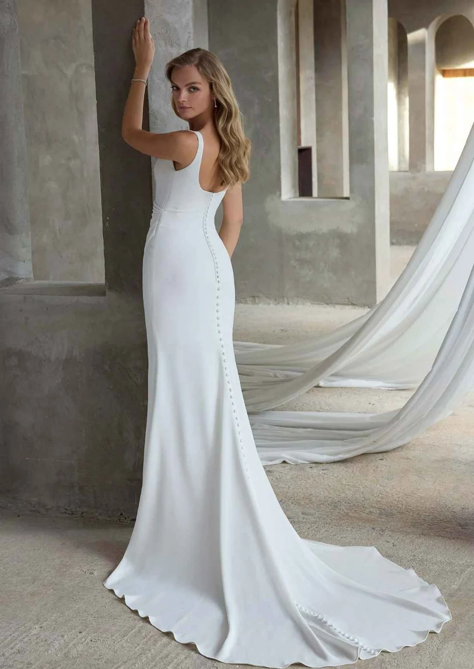 sleek mermaid square neck crepe slit button back sweep train wedding dress