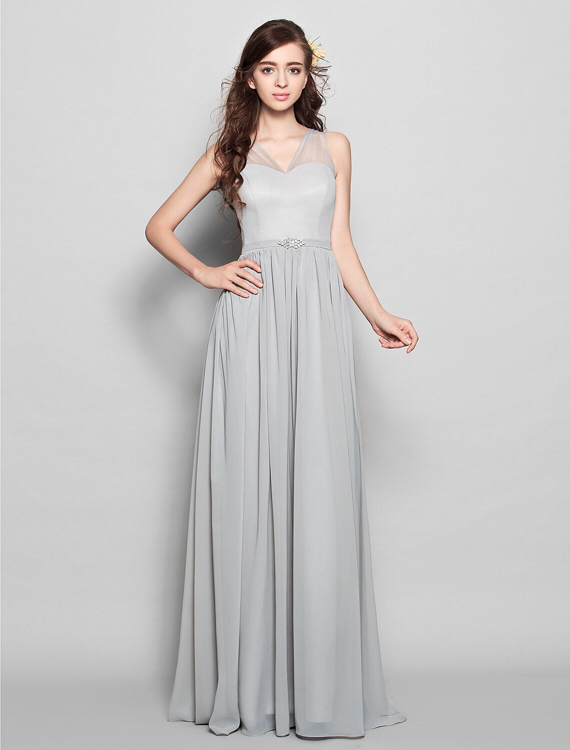 Sheath / Column Bridesmaid Dress V Neck Sleeveless Floor Length Chiffon with Sash / Ribbon / Crystal Brooch