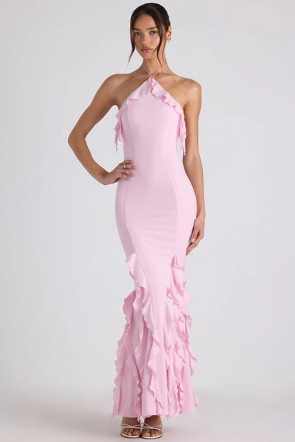 soft pink mermaid halter sleeveless open back maxi prom dress