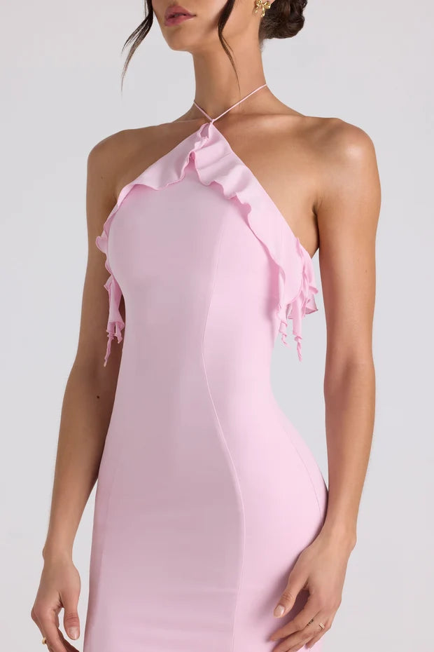soft pink mermaid halter sleeveless open back maxi prom dress