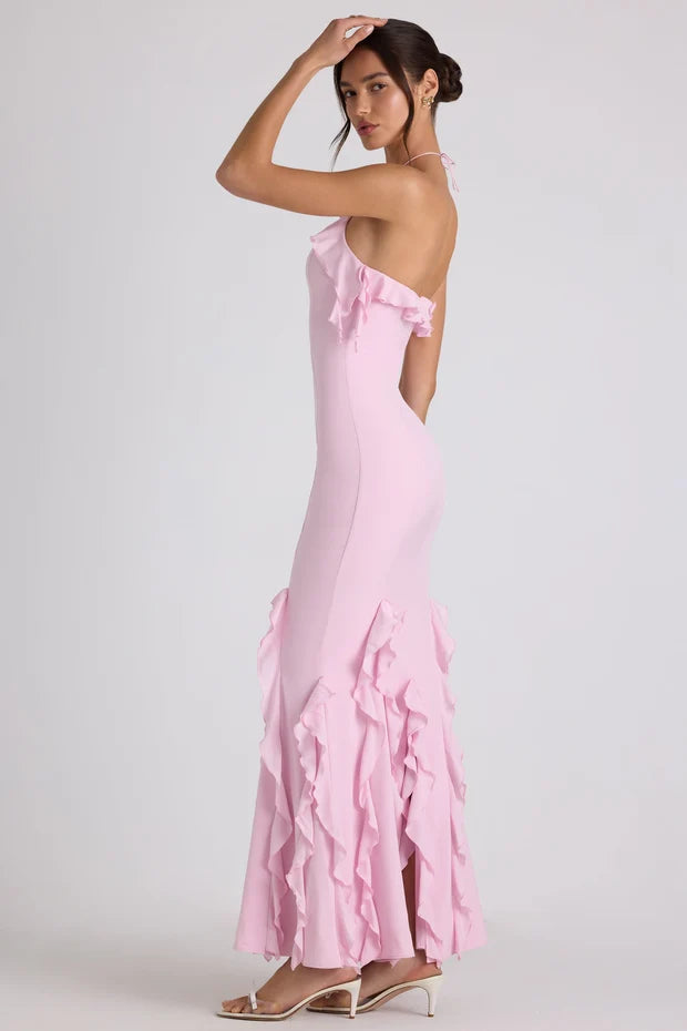 soft pink mermaid halter sleeveless open back maxi prom dress