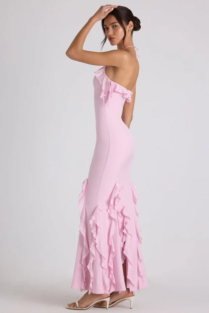 soft pink mermaid halter sleeveless open back maxi prom dress