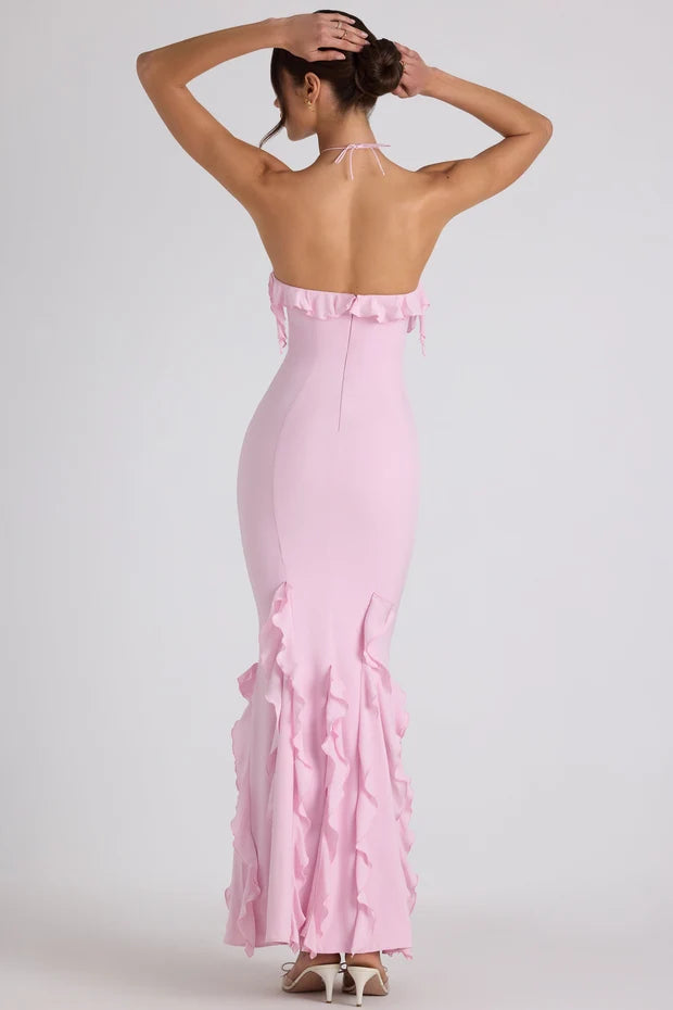 soft pink mermaid halter sleeveless open back maxi prom dress